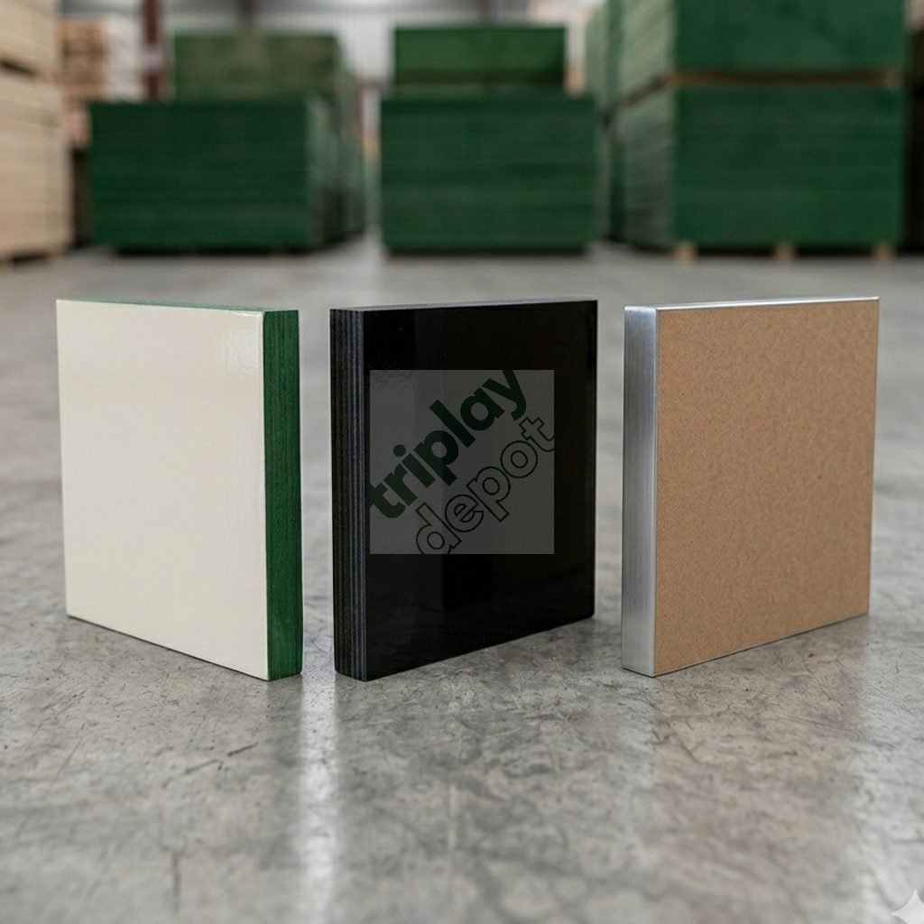 Comparativa de acabados de triplay técnico: muestras de HDO (High Density Overlay), MDO (Medium Density Overlay) y Film Faced fenólico PSF (Phenolyc Surface Film) para construcción y cimbra