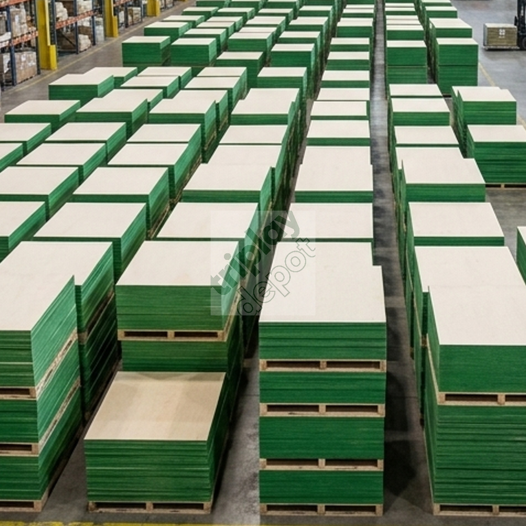 Paquetes de Panel HDO con sellado de cantos verde en almacén industrial de Triplay Depot