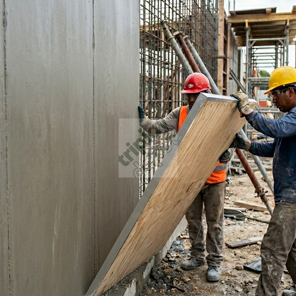 Triplay MDO en acción logrando un acabado de concreto aparente mate perfecto en un muro de obra civil