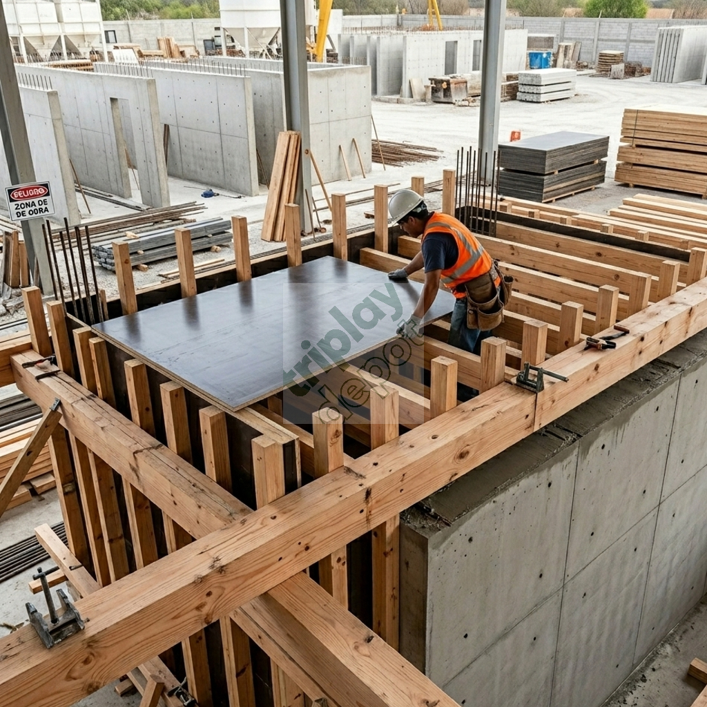 Integración de soporte estructural de madera de pino con paneles de triplay de ingeniería para acabados de concreto