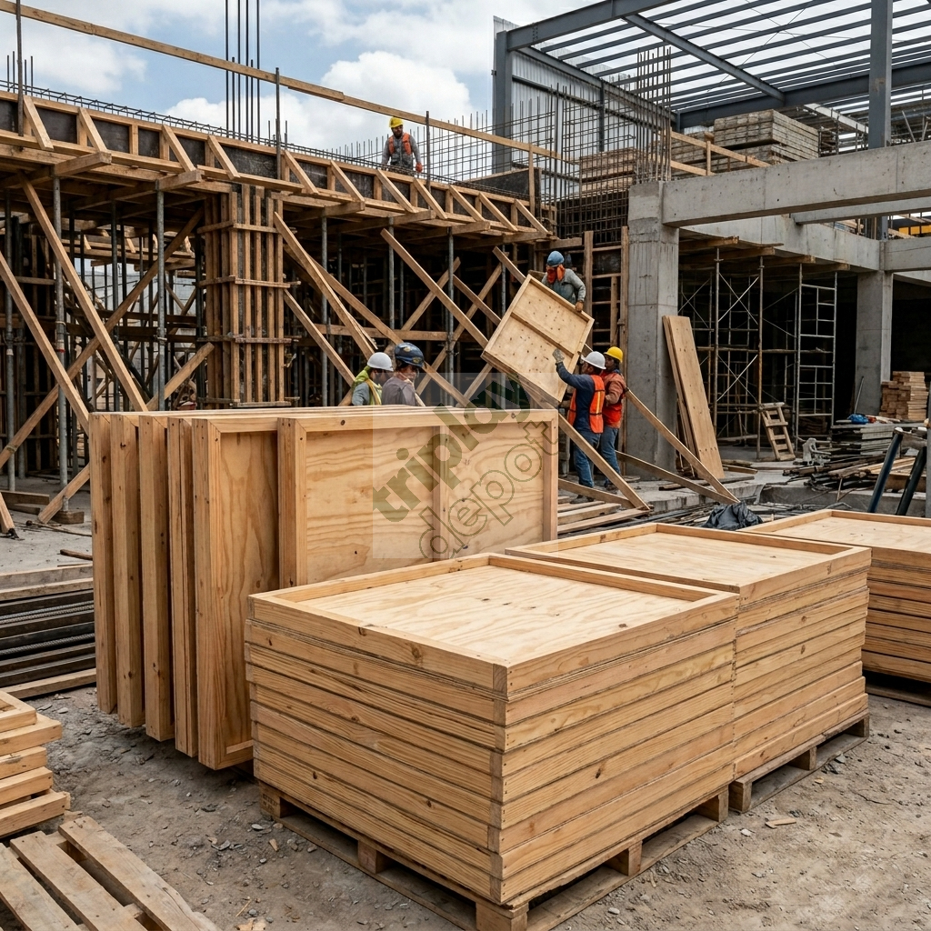 Habilitado industrial de paneles de cimbraplay de pino natural para montaje modular tipo mecano en proyectos de infraestructura masiva