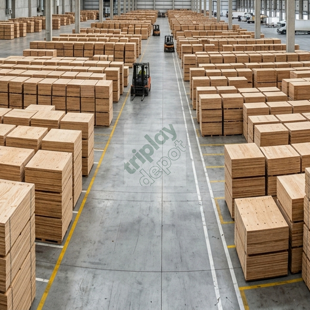 Inventario masivo de triplay para cimbra de pino natural en bodega industrial para analisis de costos y amortizacion de activos