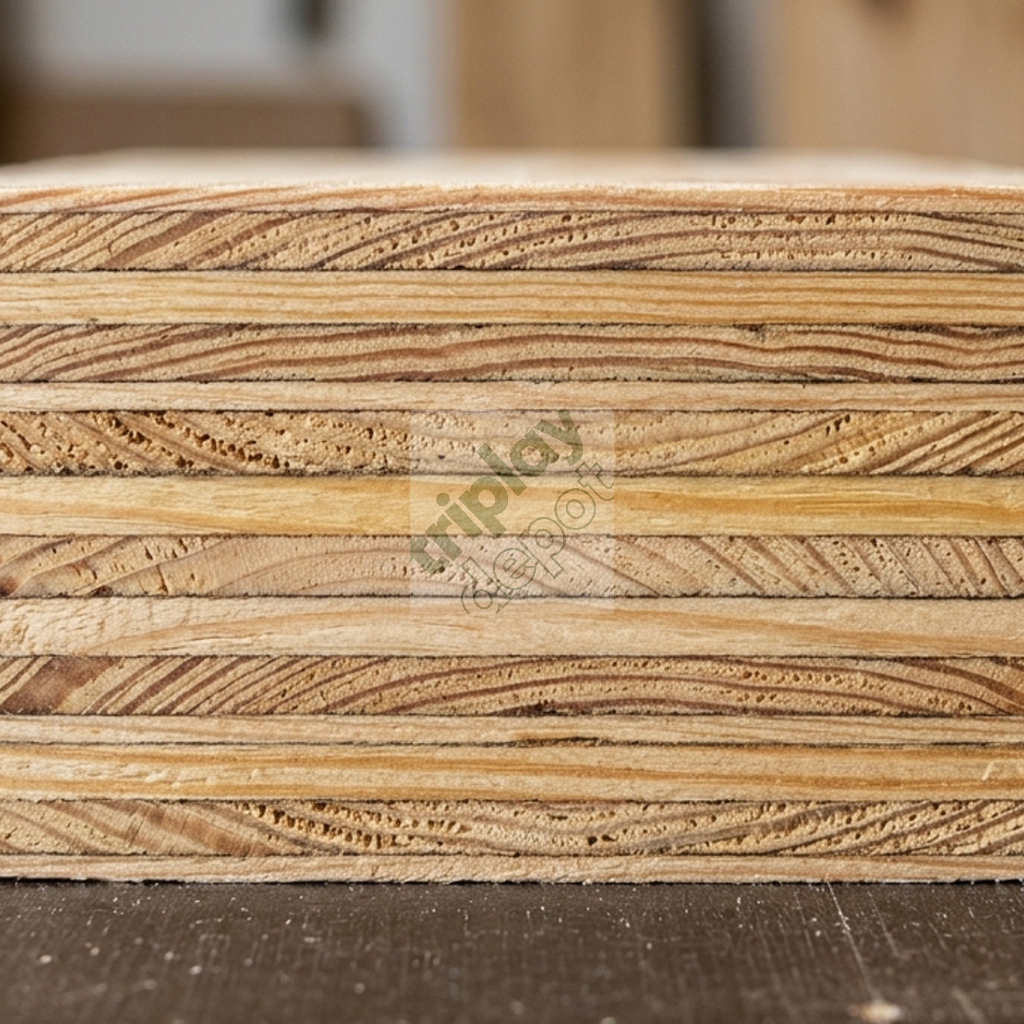 Detalle tecnico de las capas de madera de pino en tablero de cimbraplay para analisis de resistencia y flexion