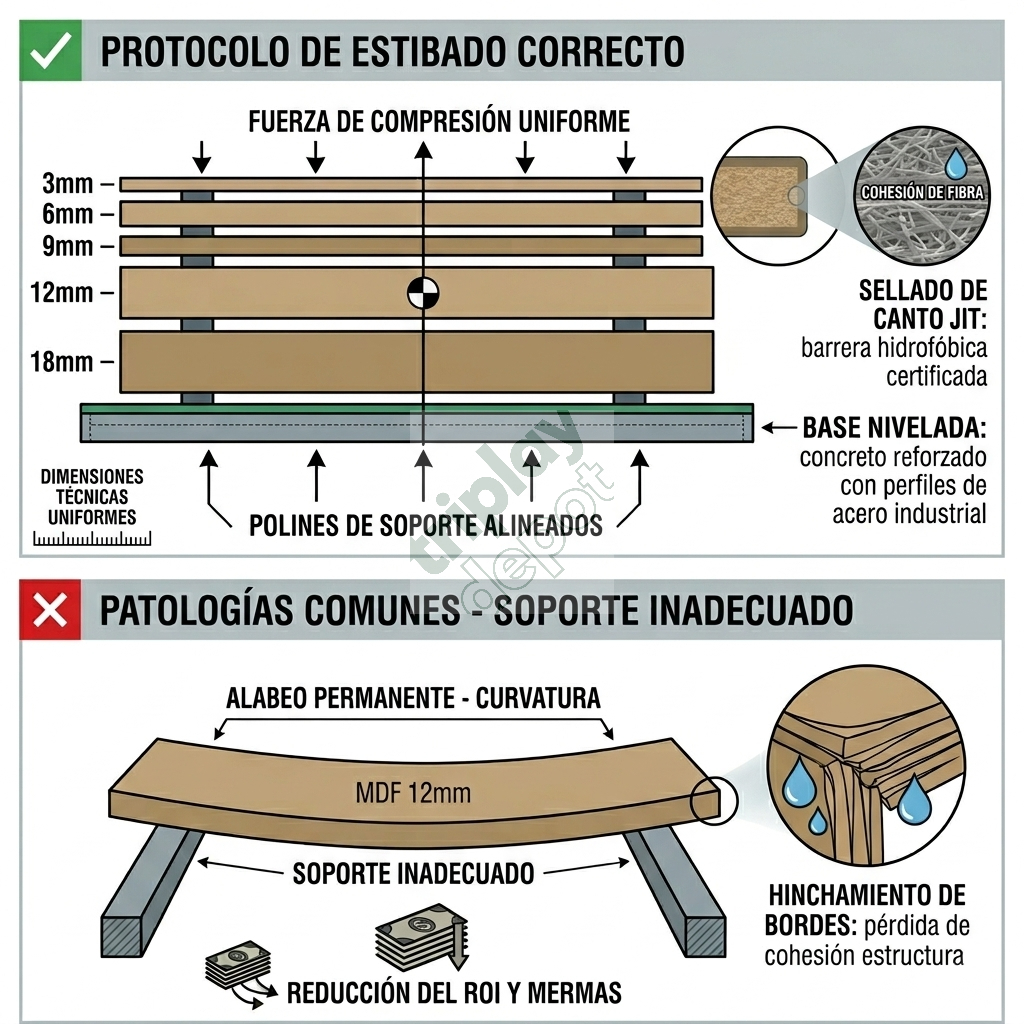 Diagrama comparativo que ilustra el protocolo de estibado horizontal correcto vs. incorrecto en MDF, detallando el alabeo permanente por soporte inadecuado y el hinchamiento de bordes por absorción capilar