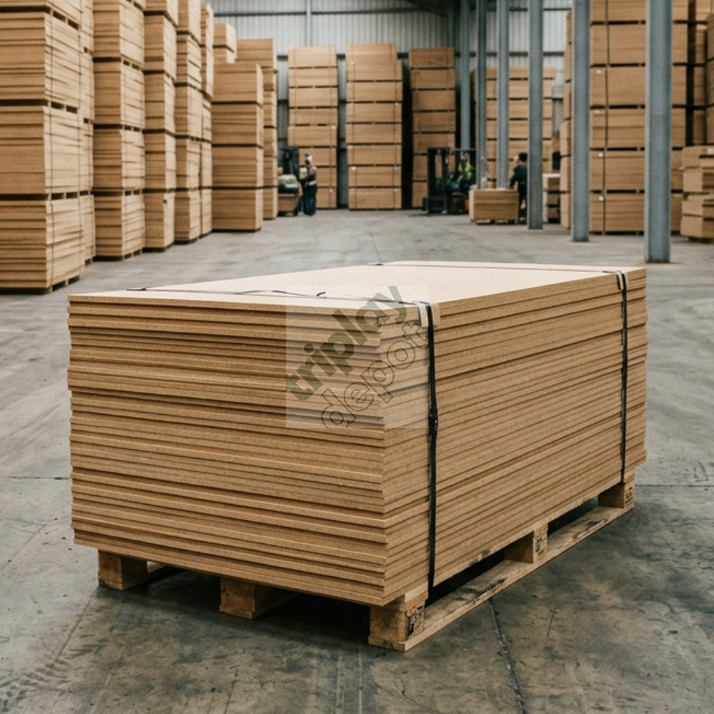 Lote industrial de paneles MDF 18mm de alta densidad flejados sobre tarimas en el almacén de distribución mayorista de Triplay Depot