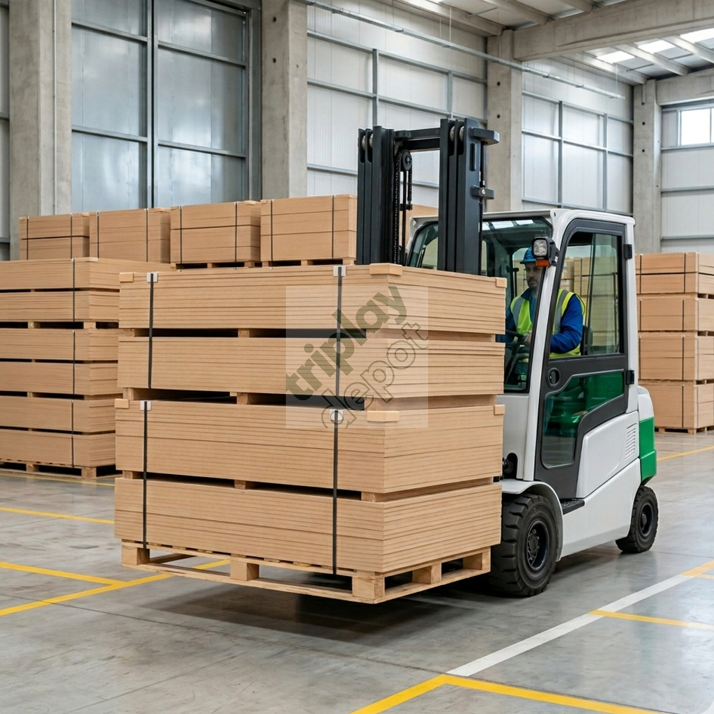 Operación logística mayorista de tableros MDF en almacén industrial, destacando la estandarización del inventario y la eficiencia en la cadena de suministro JIT para plantas de manufactura avanzada