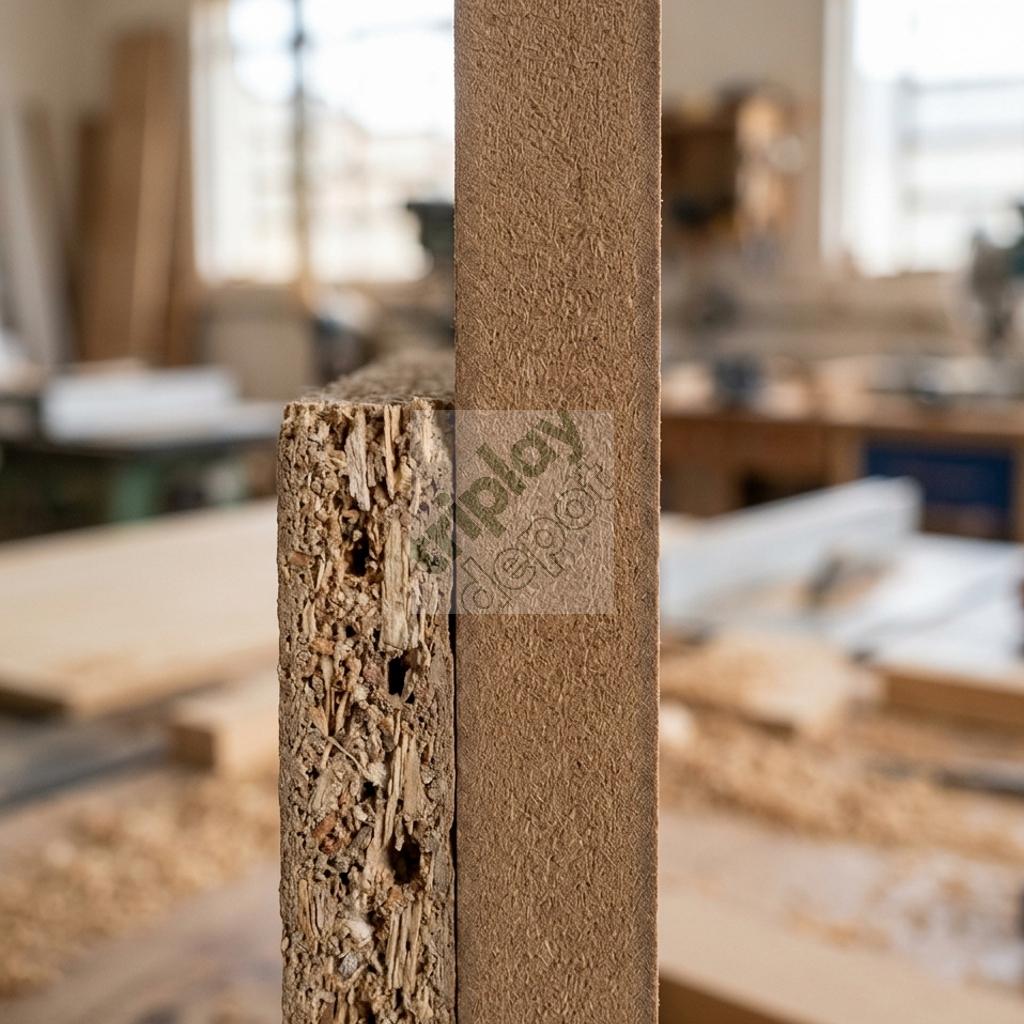 Detalle macro de la sección transversal de un panel MDF 12mm, destacando su alta cohesión interna y homogeneidad de fibra para mobiliario de alta exigencia