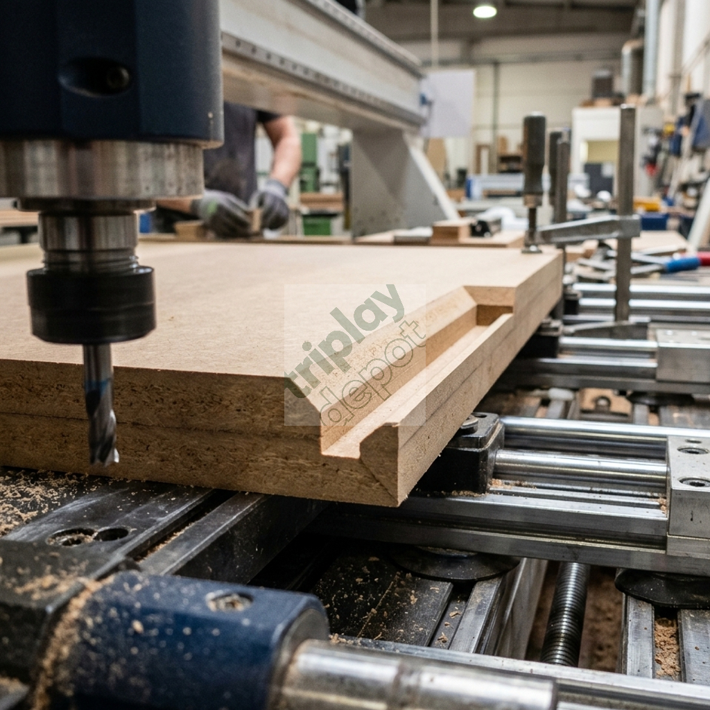 Detalle macro de un corte biselado a inglete en panel MDF 15mm, diseñado para sistemas de apertura oculta en frentes de cajón de alta gama