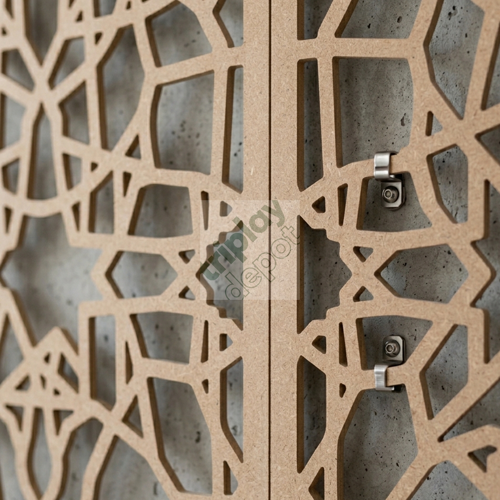 Detalle de un revestimiento modular plano y celosía calada mecanizada en MDF 6mm, exhibiendo estabilidad dimensional ante la humedad estructural