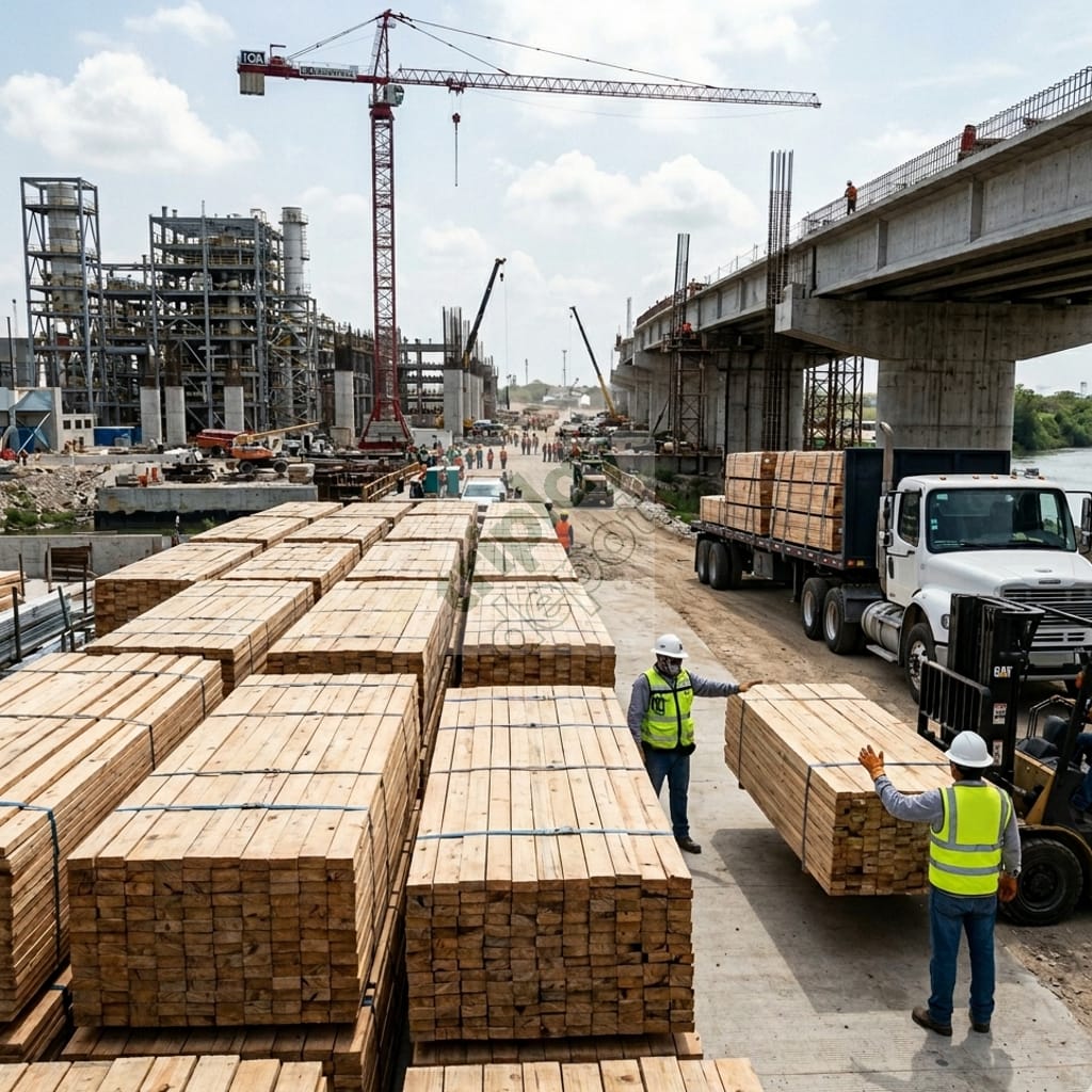 Suministro masivo de madera para cimbra en proyecto de infraestructura, ilustrando el análisis de inversión CAPEX vs OPEX y logística Just-in-Time para optimizar el retorno de inversión (ROI)