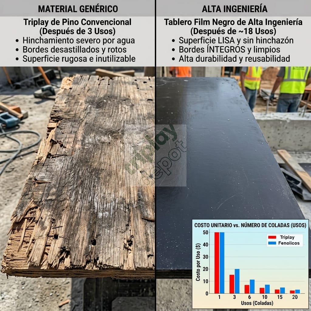 Comparativa de costo por colada: tablero de alta ingeniería con baja tasa de absorción y resistencia al clavado rudo frente a madera genérica degradada tras pocos usos