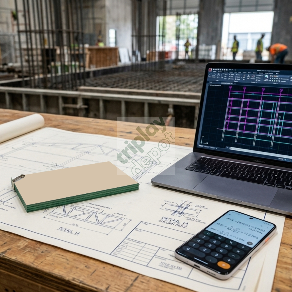 Análisis de ingeniería de materiales para la optimización del presupuesto de cimbra, mostrando el cálculo del Módulo de Elasticidad (MOE) para reducir el volumen de madera necesaria en obra