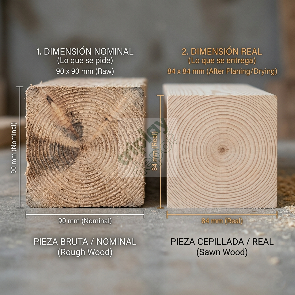 Infografía técnica mostrando la diferencia entre dimensión nominal y dimensión real en madera estructural para ingeniería de encofrados