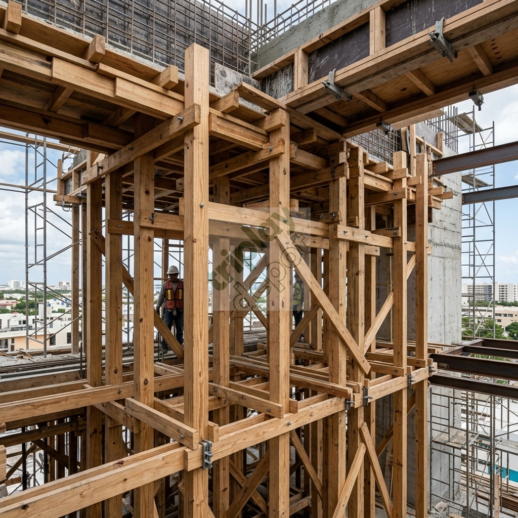 Polines de madera selecta instalados en sistema de soporte para infraestructura civil
