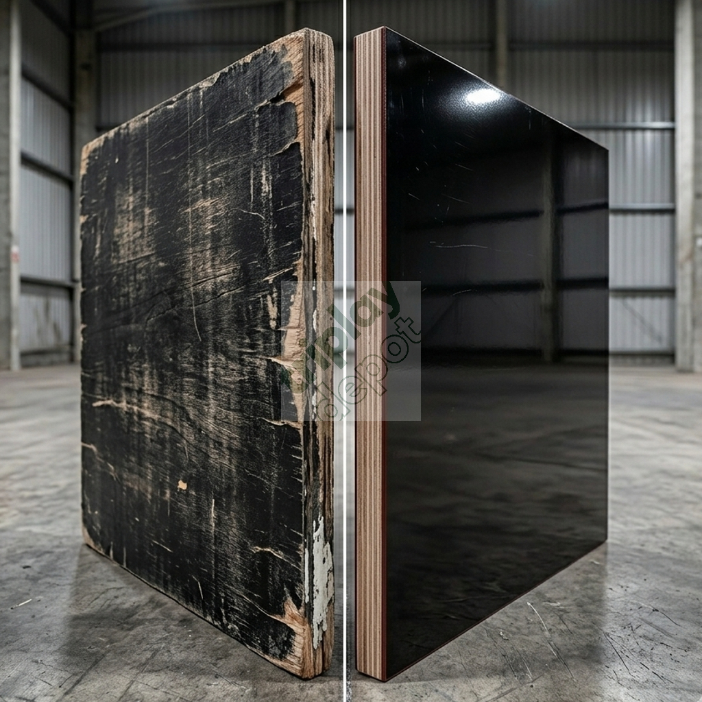 Comparativa en obra del acabado de concreto arquitectónico: superficie lisa y espejo lograda con Panel Birch Film vs. superficie rugosa y marcada con triplay film estándar