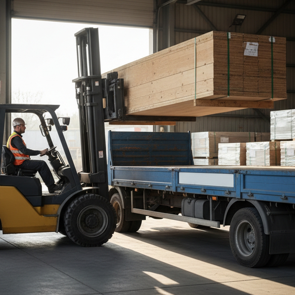 Unidad de transporte de Triplay Depot realizando entrega programada de materiales de construcción en obra