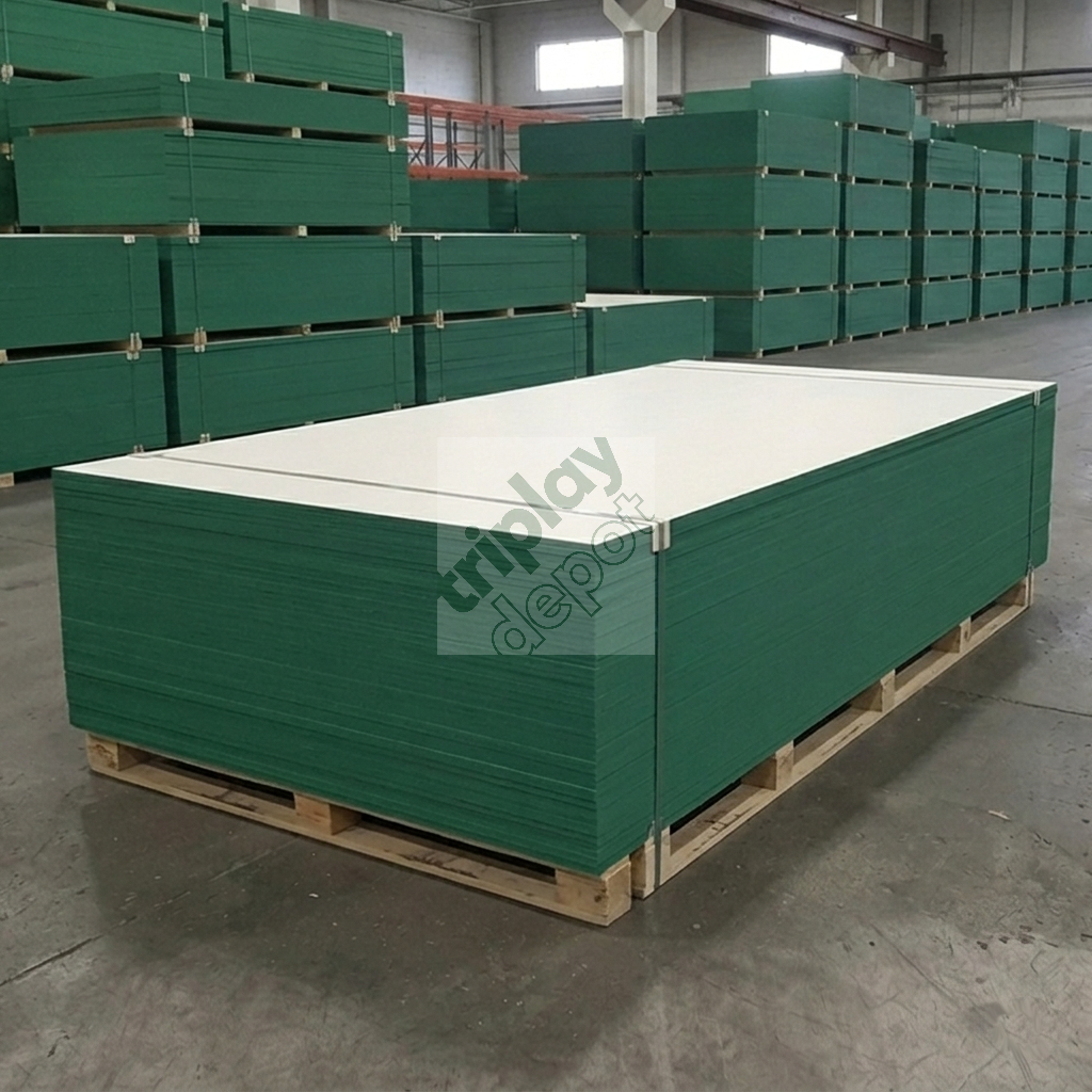 Pilas de Panel HDO con sellado perimetral verde para cimbra de acabado espejo en almacén industrial de Triplay Depot
