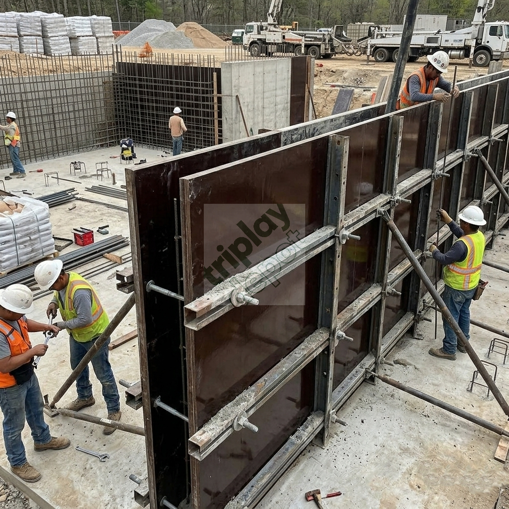 Sistema de cimbra modular con Triplay Tulsa Film en obra de infraestructura, mostrando a cinco trabajadores ajustando el encofrado para un colado de concreto aparente de alta precisión