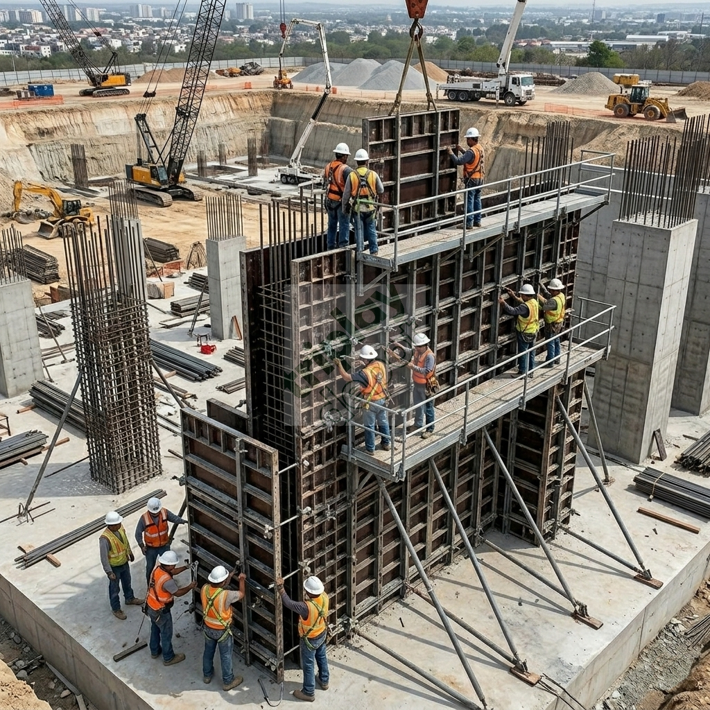 Vista aérea de un sistema de cimbra modular en obra, armado con paneles de Triplay Tulsa Film acabado brillante