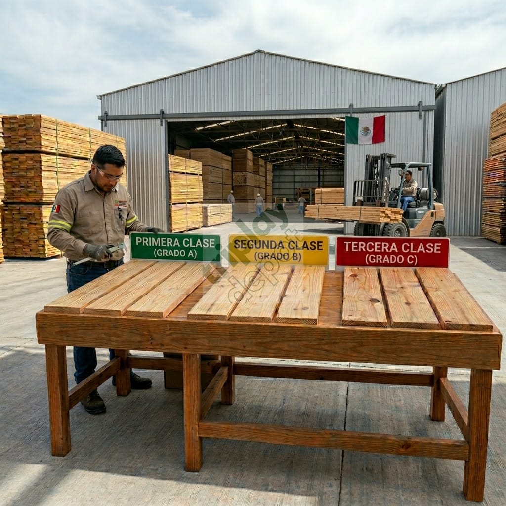 Mesa de inspección técnica mostrando maderas clasificadas por Grado A, B y C para encofrado industrial, evaluando la continuidad de la fibra y el Módulo de Ruptura (MOR) en bodega