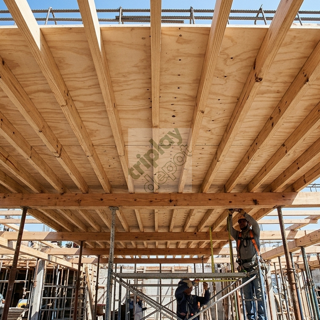 Vista inferior de sistema de encofrado mostrando la sinergia estructural entre triplay de pino de 15mm y bastidores de polines de madera sólida