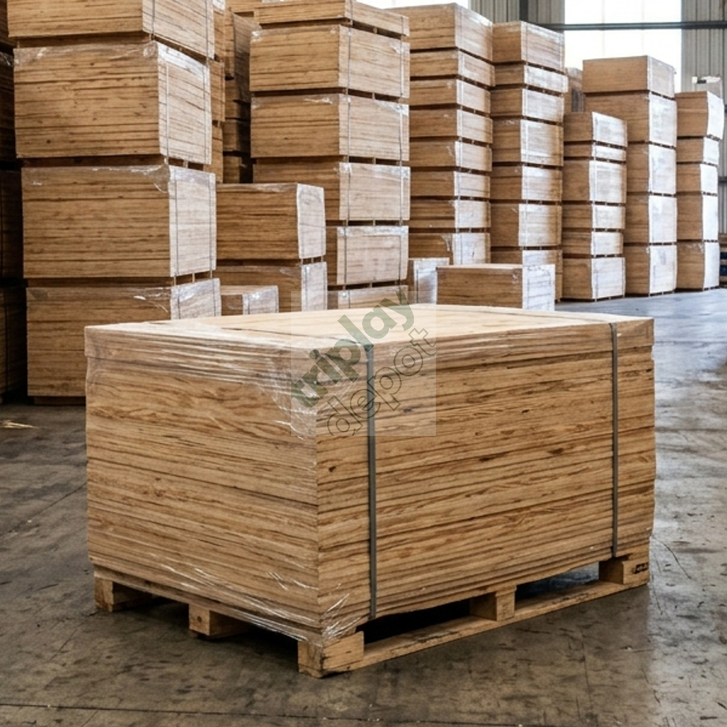Amplio stock de triplay de pino de 15mm en bodega industrial con estibas flejadas listas para distribución nacional