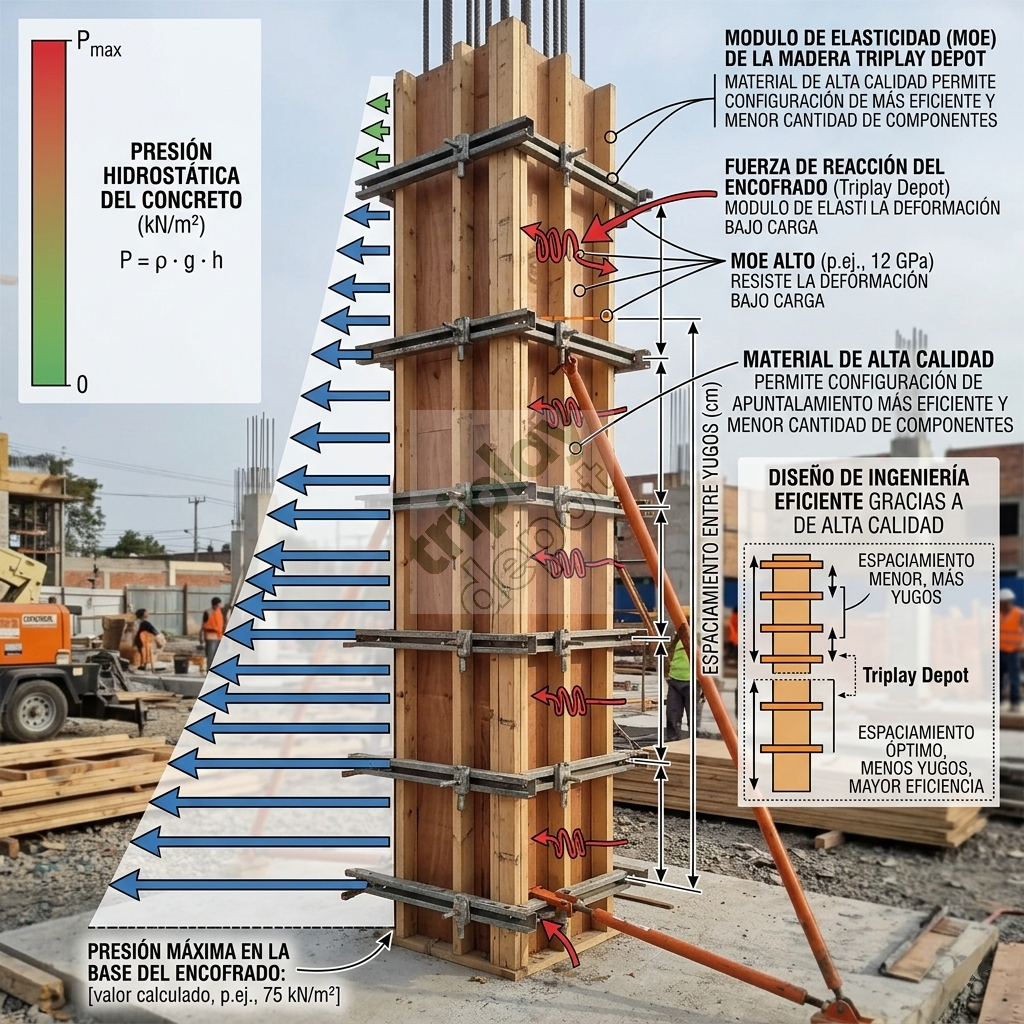 Diagrama de resistencia mecánica en cimbra para columna: aplicación del Módulo de Elasticidad (MOE) para calcular el espaciamiento de yugos ante el empuje lateral del concreto fresco