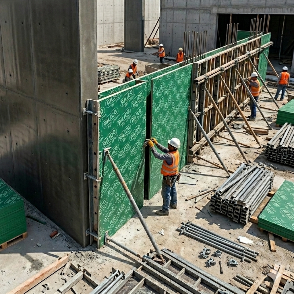 Operarios instalando Panel PP Tech verde con recubrimiento de polipropileno en un sistema de encofrado para muros de concreto de gran altura
