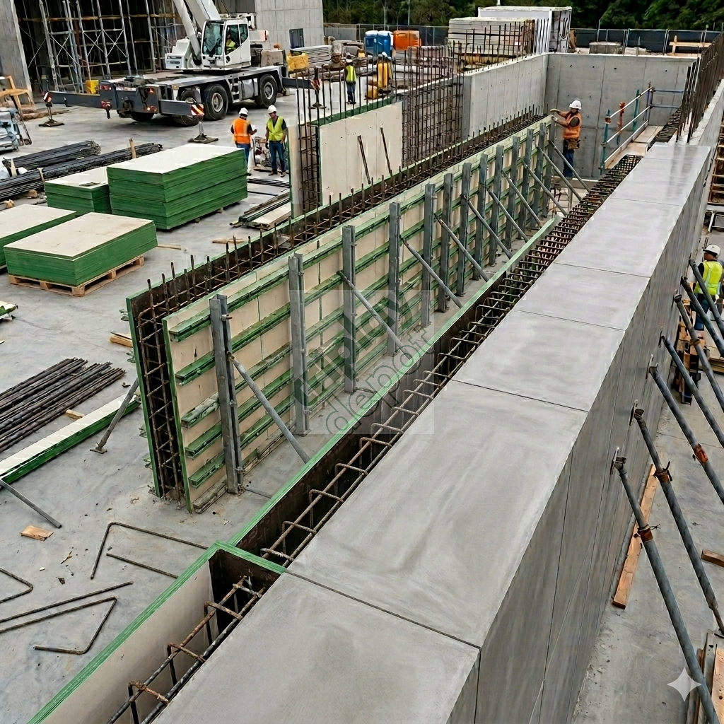 Panel Birch HDO montado en sistema trepante metálico para acabado de concreto grado espejo en infraestructura