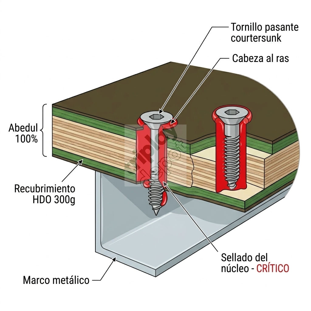 Diagrama técnico mostrando el sellado correcto de una perforación para tornillo en panel Birch HDO sobre marco metálico