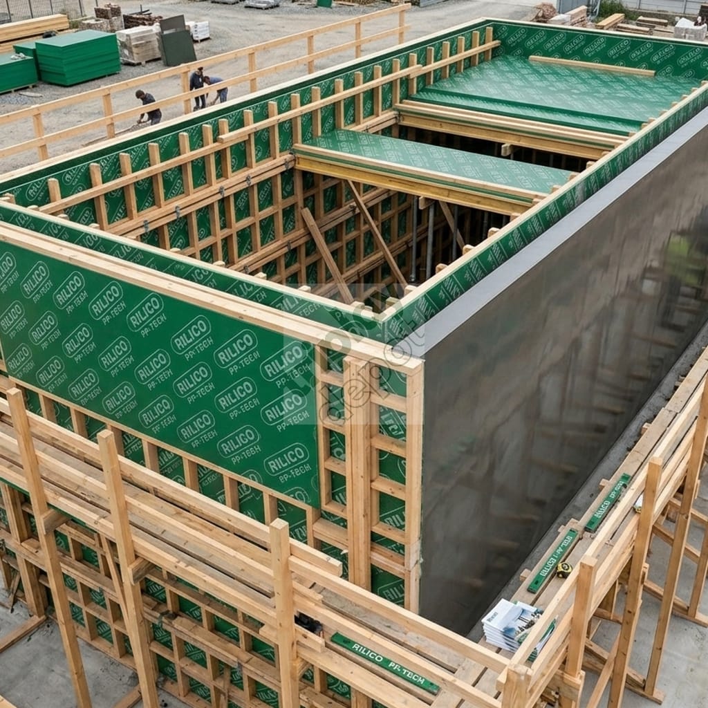 Sistema de encofrado integrado con madera estructural de pino y tablero Verde PP Tech de polipropileno para maximizar ciclos de colado y obtener superficies de concreto liso