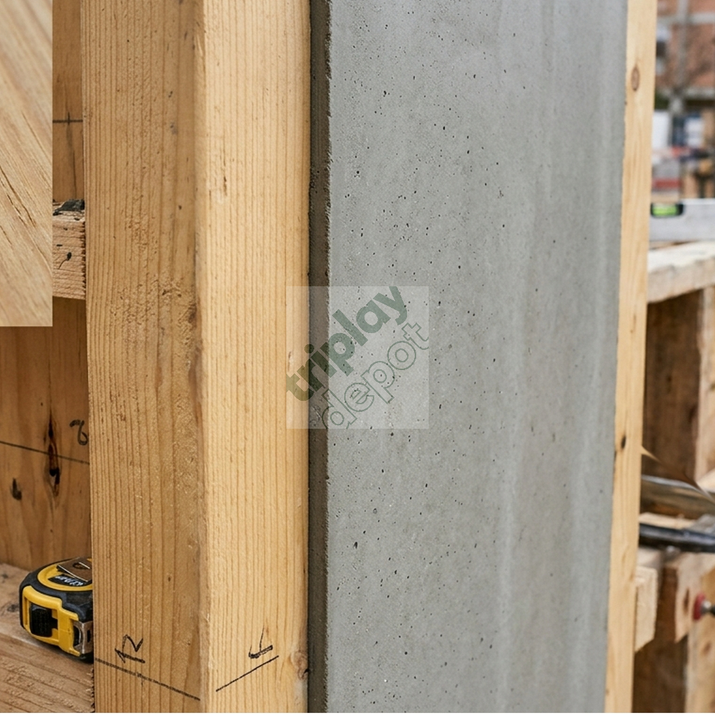 Acabado de ingeniería en columna de concreto utilizando madera oreada de Triplay Depot para prevenir movimientos higroscópicos y asegurar la integridad estructural a largo plazo