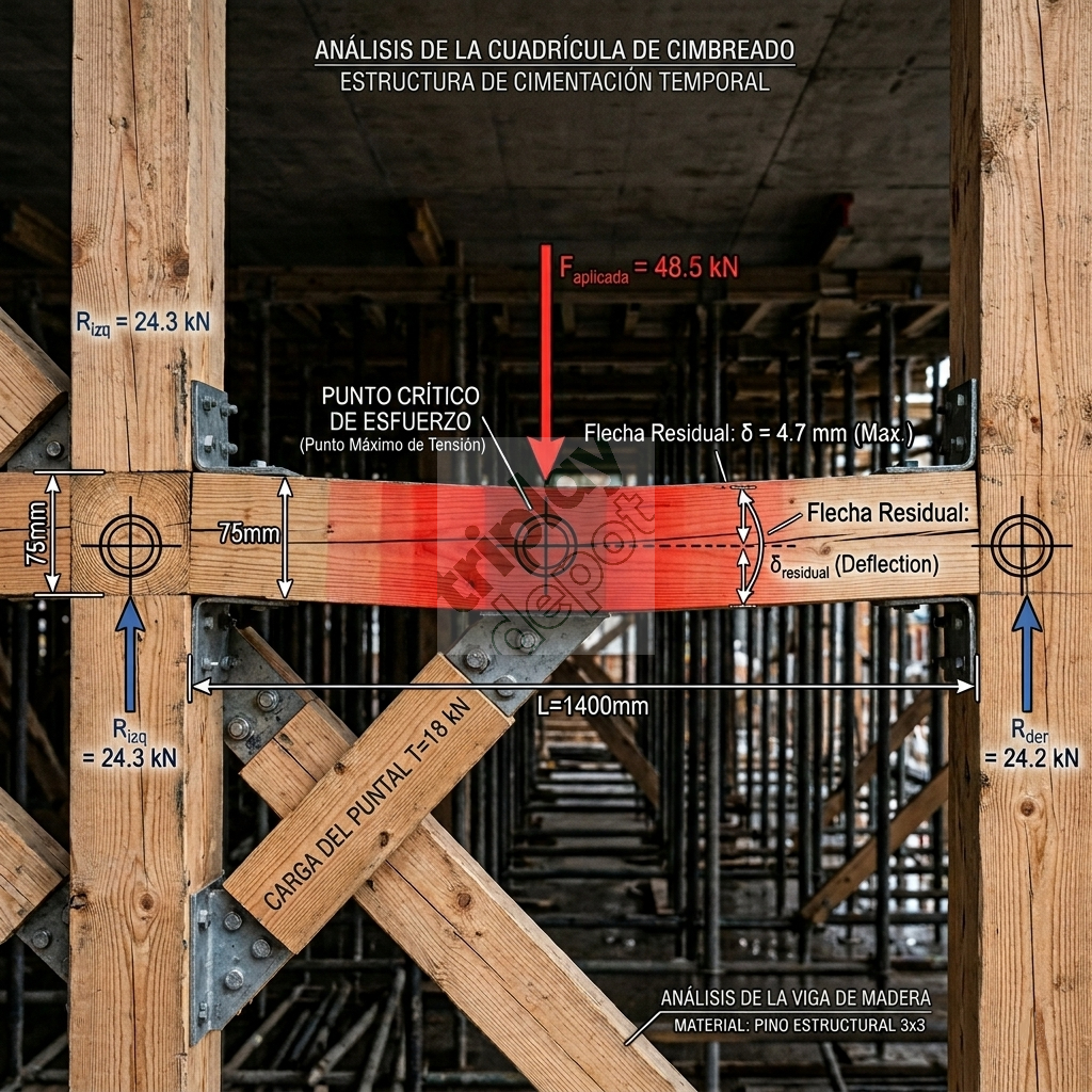 Visualización de ingeniería de un sistema de apuntalamiento de polines de pino estructural, analizando el Módulo de Elasticidad (MOE) y la deflexión ('flecha') central bajo carga para cimbra