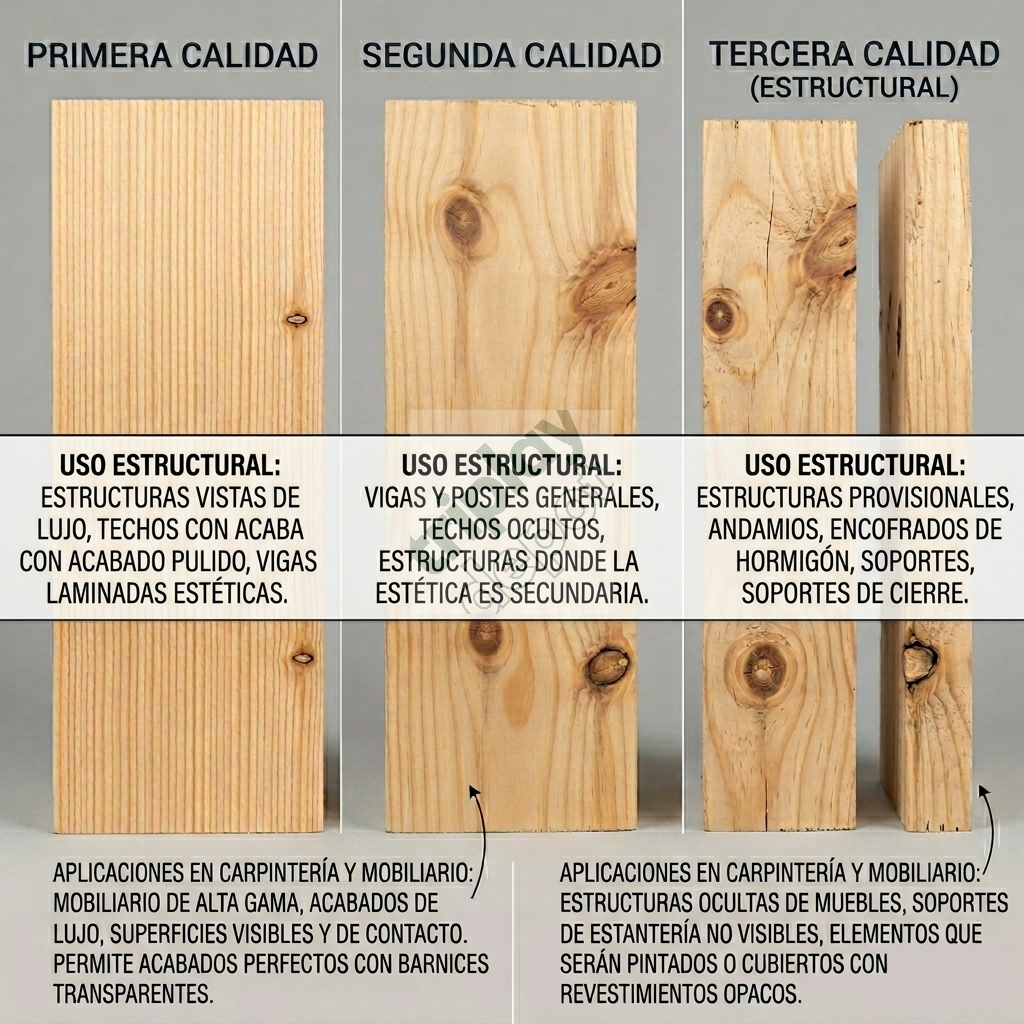 Comparativa visual de grados normativos en polines de madera de pino nacional, diferenciando primera y segunda calidad para la optimización de presupuestos de obra negra