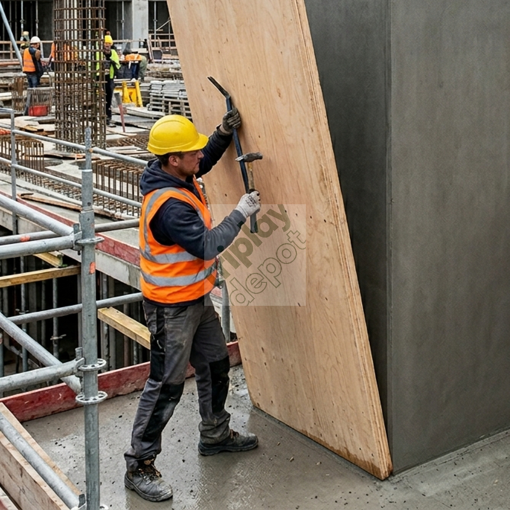 Desmolde de cimbra estructural con contrachapado de birch de alta densidad mostrando superficie de concreto aparente liso y sin imperfecciones en obra vertical