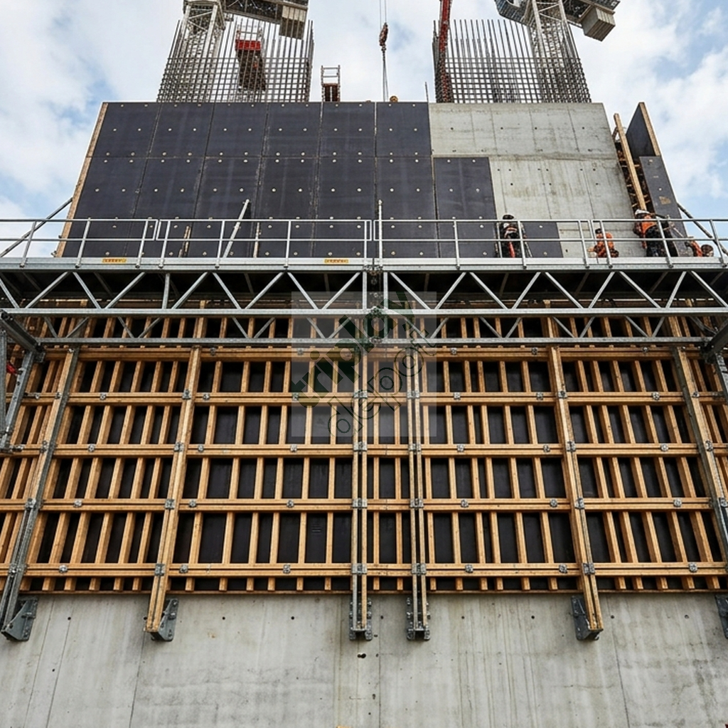 Estructura de cimbra vertical en obra civil utilizando paneles de contrachapado de birch integrados con polines de madera para soporte de presiones hidrostáticas elevadas
