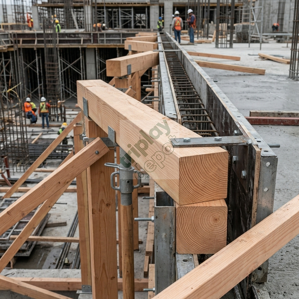 Polines de madera de pino nacional con escuadría exacta instalados en un sistema de apuntalamiento y cimbrado para el vaciado de concreto en obra civil
