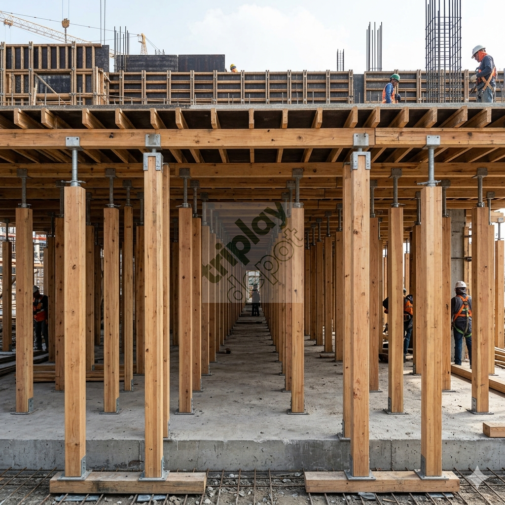 Sistema de apuntalamiento vertical con polines de madera de pino por volumen para el control de esfuerzos axiales y optimización de CAPEX en obra masiva