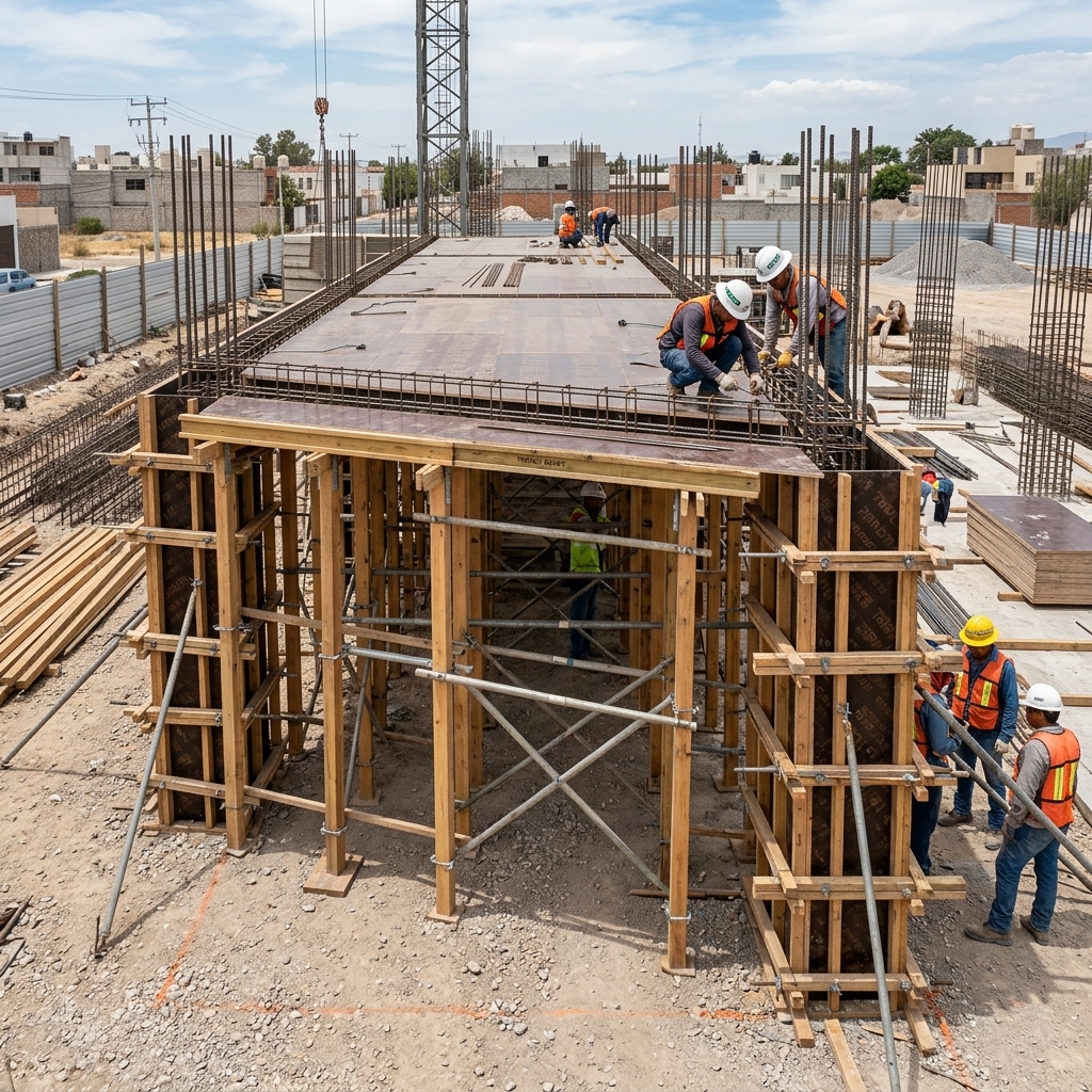 Integración estratégica de polines estructurales y tableros industriales en obra civil, mostrando la sinergia de materiales para la optimización de procesos y eficiencia operativa